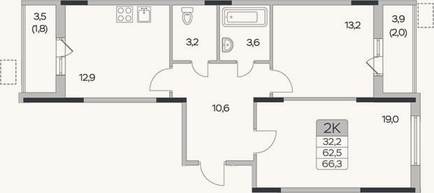 Планировка: 2-к, 62,5 м²