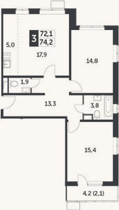 Планировка: 3-к, 72,1 м²