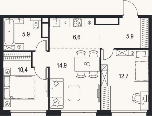 Планировка: 3-к, 56,4 м²