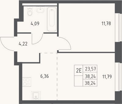 Планировка: 2-к, 38,2 м²