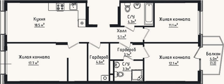 Планировка: 3-к, 79,8 м²