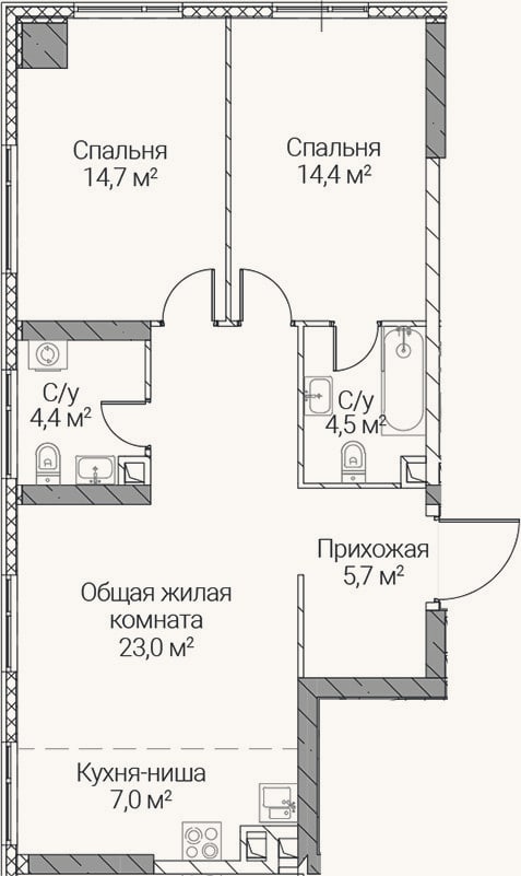 Планировка: 3-к, 73,7 м²