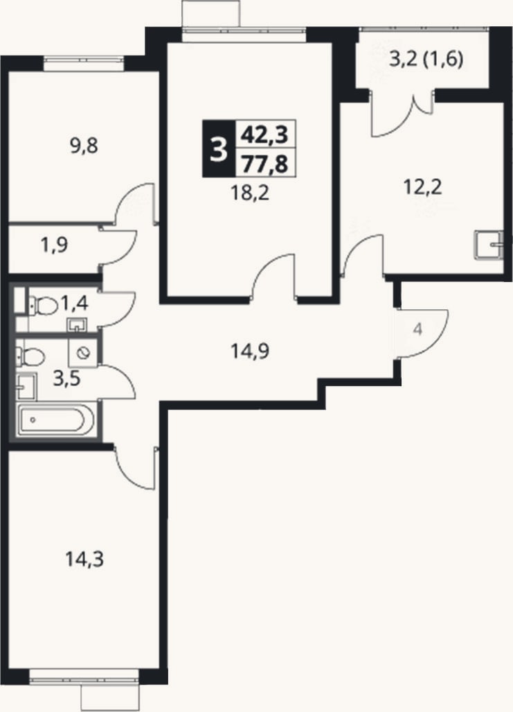 Планировка: 3-к, 76,2 м²