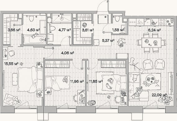 Планировка: 4+ к, 95,4 м²