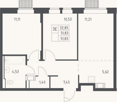 Планировка: 3-к, 51,8 м²