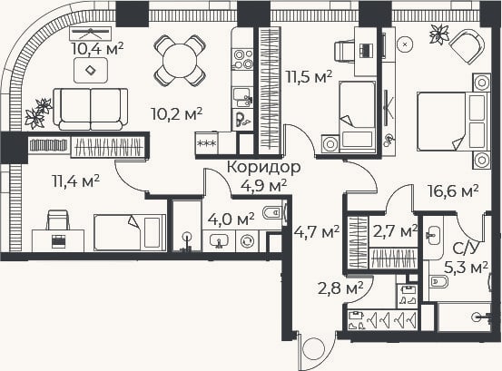 Планировка: 4+ к, 84,3 м²