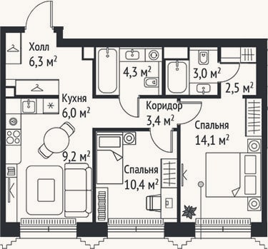 Планировка: 3-к, 59,2 м²