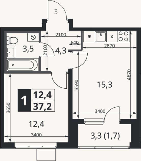 Планировка: 2-к, 35,5 м²