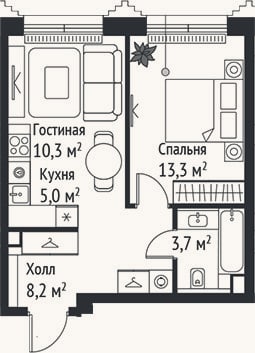 Планировка: 2-к, 40,5 м²