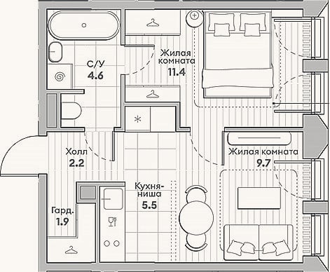 Планировка: 2-к, 35,3 м²