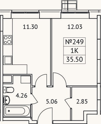 Планировка: 1-к, 35,5 м²