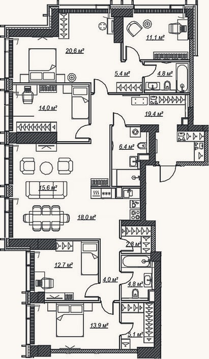 Планировка: 4+ к, 158,6 м²