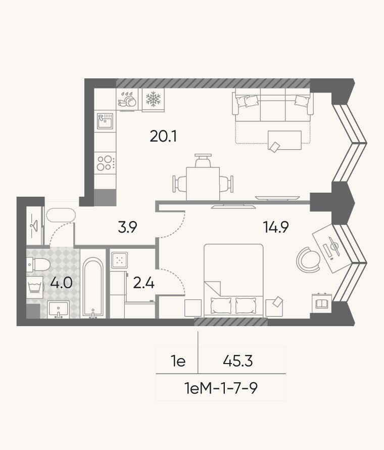 Планировка: 2-к, 45,3 м²