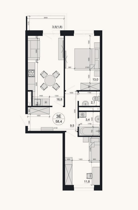Планировка: 3-к, 56,6 м²