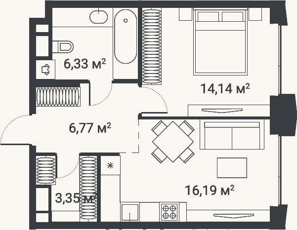 Планировка: 1-к, 46,8 м²