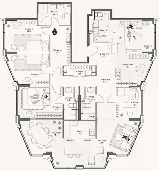 Планировка: 4+ к, 172,6 м²