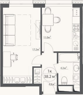 Планировка: 1-к, 38,2 м²