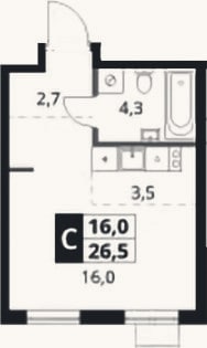 Планировка: Студия, 26,5 м²