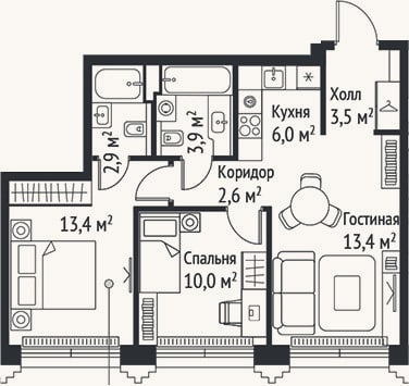 Планировка: 3-к, 55,7 м²