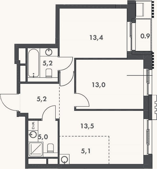 Планировка: 3-к, 60,4 м²