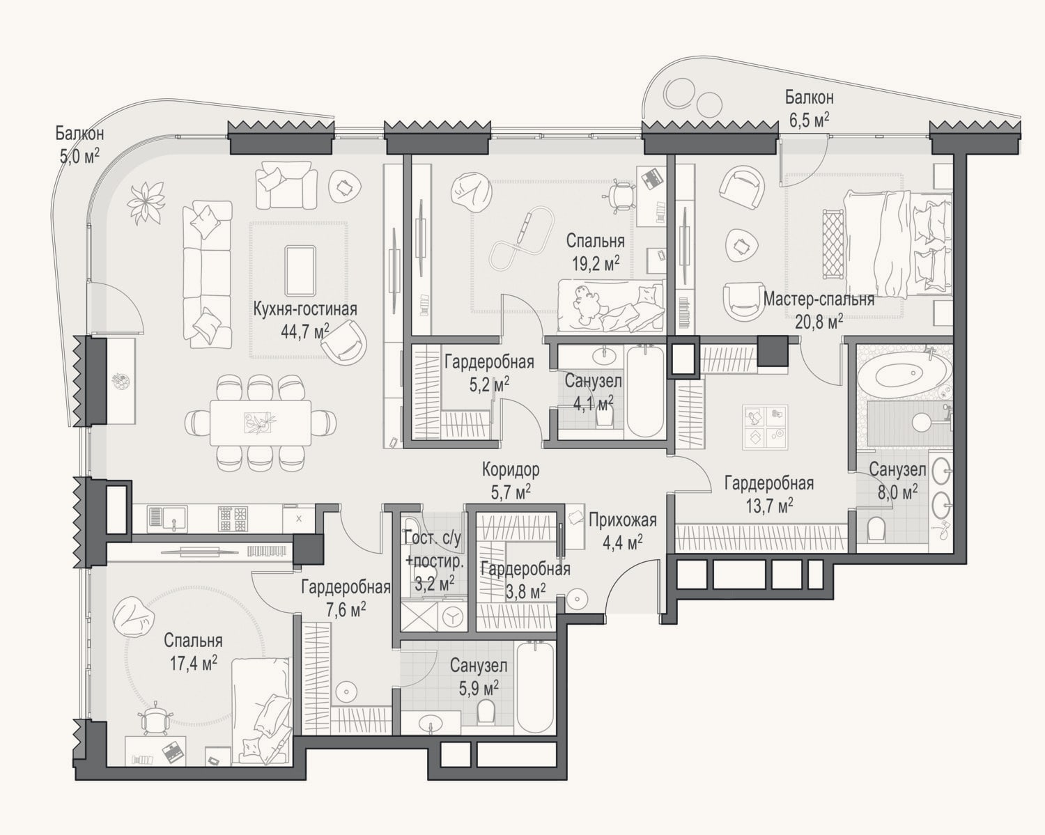 Планировка: 4+ к, 163,6 м²