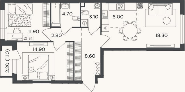 Планировка: 3-к, 70,3 м²