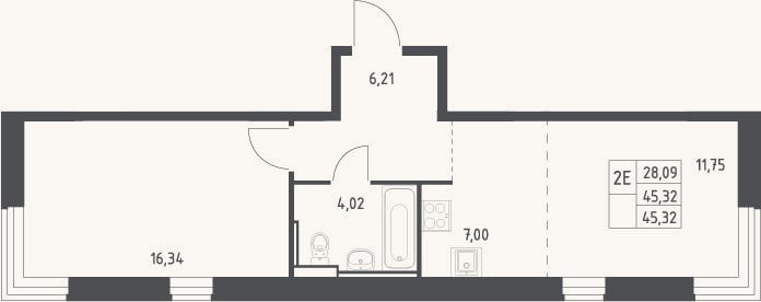 Планировка: 2-к, 45,3 м²