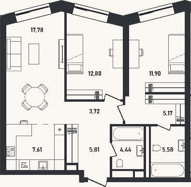 Планировка: 3-к, 74,8 м²
