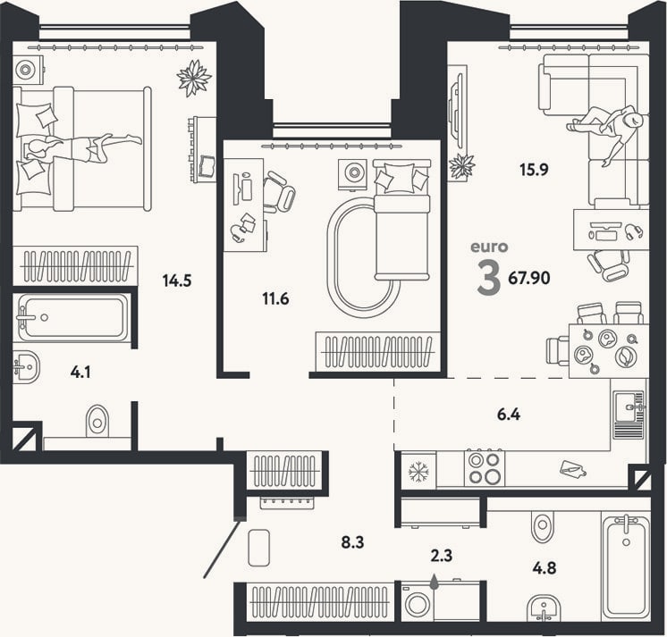 Планировка: 3-к, 67,9 м²