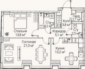Планировка: 2-к, 65,7 м²