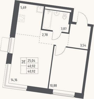 Планировка: 2-к, 40,9 м²