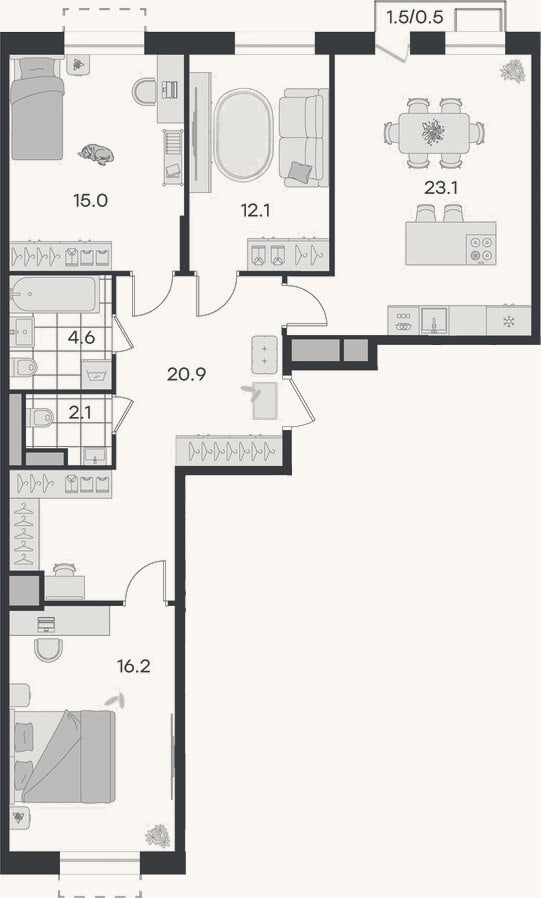 Планировка: 4+ к, 94 м²