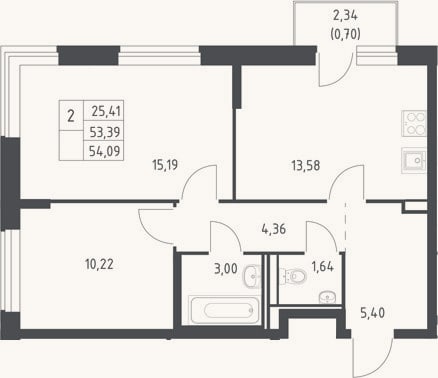 Планировка: 2-к, 53,4 м²