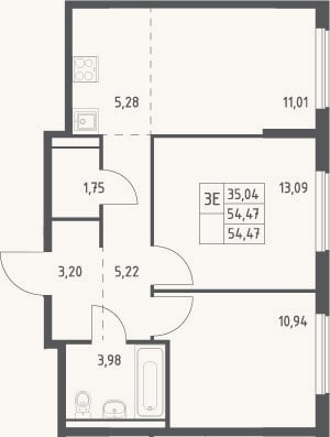 Планировка: 3-к, 54,5 м²
