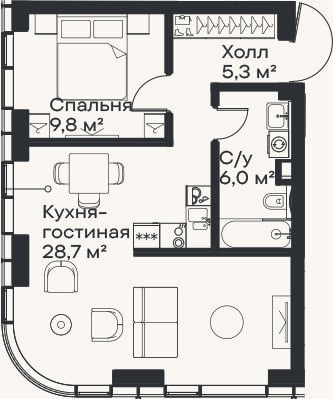 Планировка: 2-к, 49,8 м²