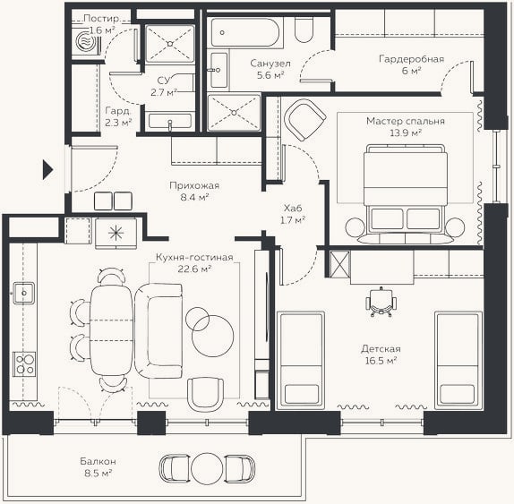 Планировка: 3-к, 91,7 м²