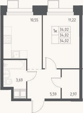 Планировка: 1-к, 34 м²