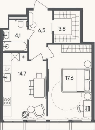 Планировка: 1-к, 46,7 м²