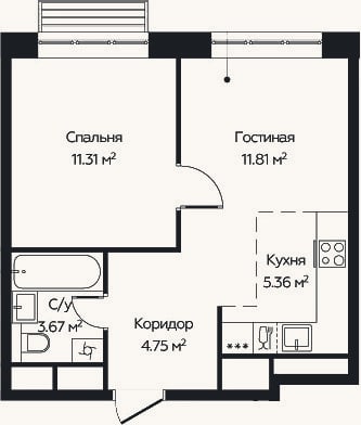 Планировка: 2-к, 36,9 м²