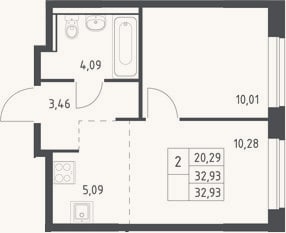Планировка: 2-к, 32,9 м²