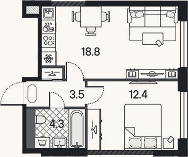 Планировка: 2-к, 39 м²