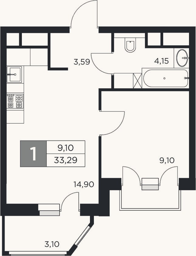 Планировка: 1-к, 31,7 м²