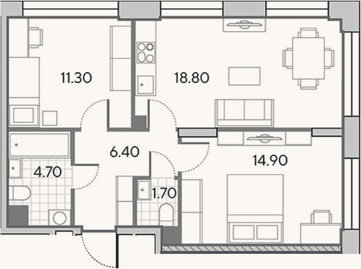 Планировка: 3-к, 57,8 м²