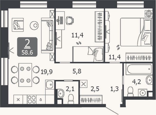 Планировка: 3-к, 58,6 м²
