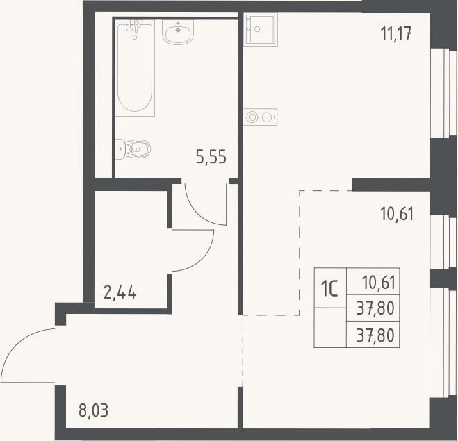 Планировка: Студия, 37,8 м²