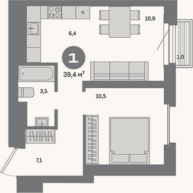 Планировка: 1-к, 38,4 м²