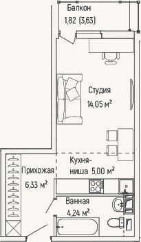 Планировка: Студия, 29,6 м²