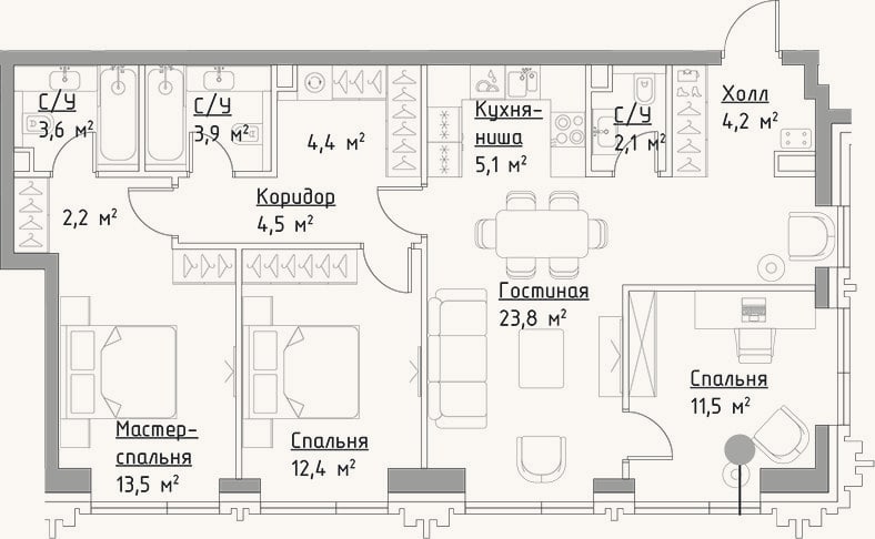 Планировка: 4+ к, 91,2 м²