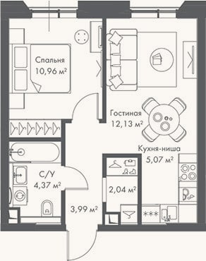Планировка: 2-к, 38,6 м²