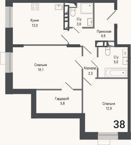 Планировка: 2-к, 63,7 м²